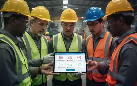 Eine vielfältige Gruppe von Industriearbeitern in Schutzkleidung schaut auf ein Tablet, das mehrsprachige Sicherheitsanweisungen anzeigt. - Foto: über boerse-global.de