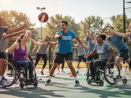 Eine Gruppe von Menschen mit und ohne Behinderung nimmt gemeinsam an einer inklusiven Sportaktivität teil, die Freude und Zusammenarbeit zeigt. - Foto: über boerse-global.de