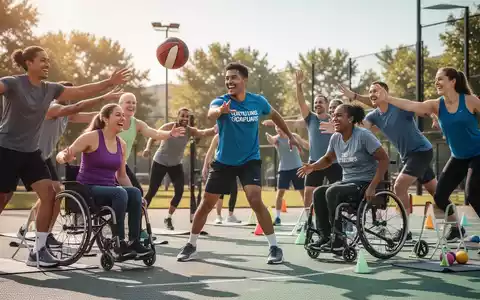 Eine Gruppe von Menschen mit und ohne Behinderung nimmt gemeinsam an einer inklusiven Sportaktivität teil, die Freude und Zusammenarbeit zeigt. - Foto: über boerse-global.de