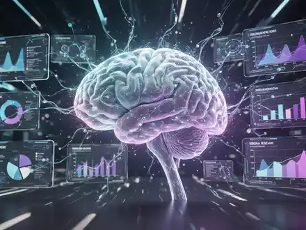 Stilisierte leuchtende KI-Gehirn- oder neuronale Netzstruktur, verbunden mit digitalen Präsentationsfolien und Datenvisualisierungen auf einem Bildschirm, symbolisiert Automatisierung. - Foto: über boerse-global.de