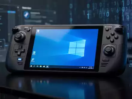 Nahaufnahme einer Steam Deck Handheld-Konsole mit Windows 11 Desktop und dezentem blauen Leuchten. - Foto: über boerse-global.de