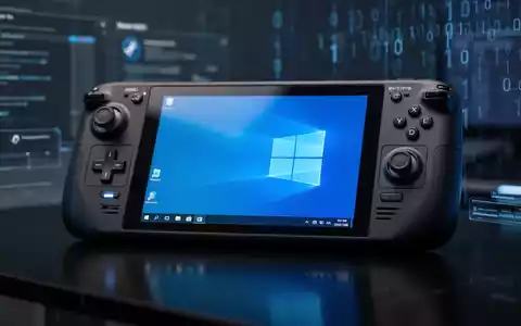 Nahaufnahme einer Steam Deck Handheld-Konsole mit Windows 11 Desktop und dezentem blauen Leuchten. - Foto: über boerse-global.de