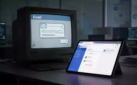 Ein alter Computermonitor mit pixeliger E-Mail-Oberfläche neben einem modernen Tablet mit elegantem E-Mail-Client. - Foto: über boerse-global.de