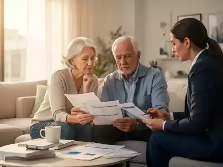Ein nachdenkliches älteres Paar sitzt mit einem Finanzberater an einem Tisch und bespricht Vorsorgedokumente in einem hellen Wohnzimmer. - Foto: über boerse-global.de