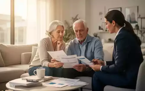 Ein nachdenkliches älteres Paar sitzt mit einem Finanzberater an einem Tisch und bespricht Vorsorgedokumente in einem hellen Wohnzimmer. - Foto: über boerse-global.de