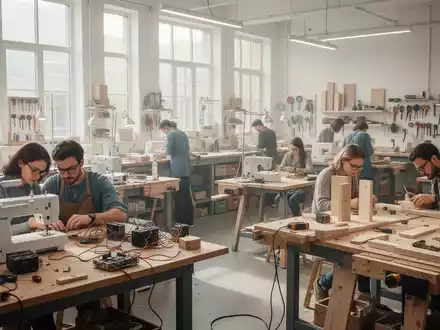 Menschen arbeiten in einem hellen, modernen Gemeinschaftsraum an verschiedenen DIY-Projekten, darunter Nähen und Reparieren von Geräten. - Foto: über boerse-global.de