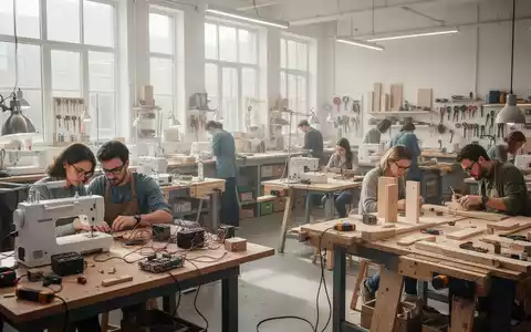 Menschen arbeiten in einem hellen, modernen Gemeinschaftsraum an verschiedenen DIY-Projekten, darunter Nähen und Reparieren von Geräten. - Foto: über boerse-global.de