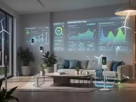 Ein modernes, energieeffizientes Smart Home-Interieur mit integrierten Displays für erneuerbare Energien und Datenvisualisierungen. - Foto: über boerse-global.de