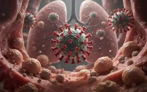 Mikroskopische Darstellung von SARS-CoV-2-Viren, die mit zellulären Strukturen in Lungengewebe interagieren, insbesondere apoptotischen Körperchen. - Foto: über boerse-global.de