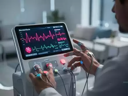 Eine Person benutzt ein Biofeedback-Gerät, das digitale Gesundheitsdaten wie Herzfrequenz und Blutdruck anzeigt. - Foto: über boerse-global.de