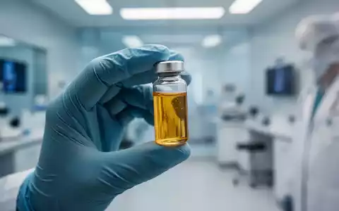 Eine Nahaufnahme einer behandschuhten Hand, die ein kleines Fläschchen mit goldener, plasmareicher Flüssigkeit in einem medizinischen Umfeld hält. - Foto: über boerse-global.de