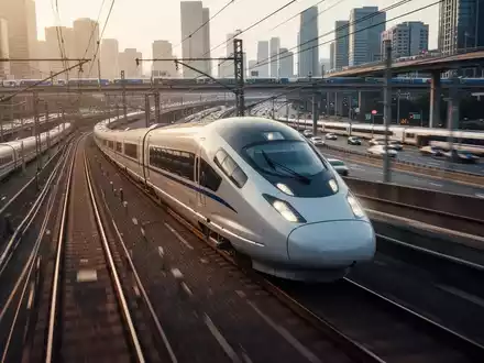 Ein moderner Hochgeschwindigkeitszug fährt durch eine städtische Landschaft, umgeben von weiterer Verkehrsinfrastruktur. - Foto: über boerse-global.de