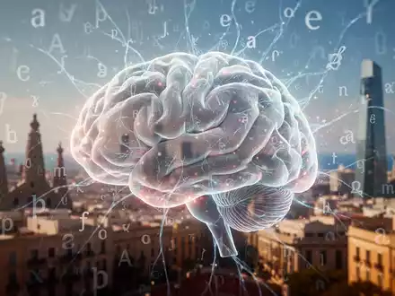 Ein stilisiertes, leuchtendes Gehirn mit komplexen neuronalen Netzwerken vor einem verschwommenen Hintergrund aus Sprachsymbolen. - Foto: über boerse-global.de