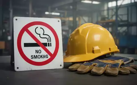 Ein verschwommenes Bild eines Nichtraucherzeichens neben einem Schutzhelm und Arbeitshandschuhen, mit einem industriellen Hintergrund. - Foto: über boerse-global.de