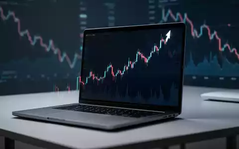 Schlankes, modernes Laptop auf Schreibtisch mit aufsteigendem Graph auf dem Bildschirm, im Kontrast zu unscharfen Abwärtstrends. - Foto: über boerse-global.de