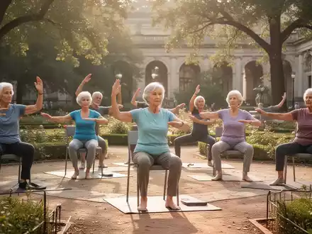 Senioren praktizieren Stuhl-Yoga im Freien in einem ruhigen Park oder Museumsgarten, umgeben von Bäumen und Sonnenlicht. - Foto: über boerse-global.de