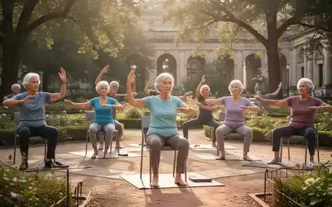 Senioren praktizieren Stuhl-Yoga im Freien in einem ruhigen Park oder Museumsgarten, umgeben von Bäumen und Sonnenlicht. - Foto: über boerse-global.de