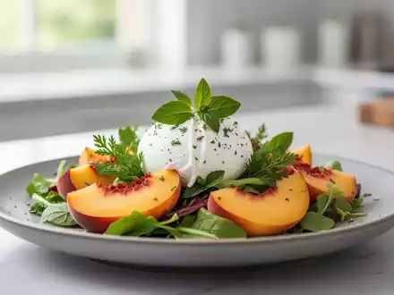 Ein kunstvoll arrangierter Sommersalat mit Pfirsichen, Burrata und frischen Kräutern auf einem minimalistischen Teller. - Foto: über boerse-global.de