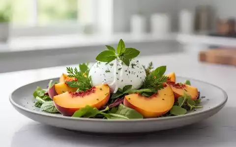 Ein kunstvoll arrangierter Sommersalat mit Pfirsichen, Burrata und frischen Kräutern auf einem minimalistischen Teller. - Foto: über boerse-global.de