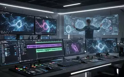 Ein futuristischer Videobearbeitungs-Arbeitsplatz mit schwebenden Bildschirmen und abstrakten Grafiken, die KI-Technologie symbolisieren. - Foto: über boerse-global.de