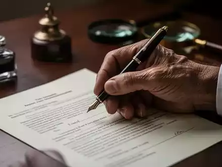 Eine Nahaufnahme einer älteren Hand, die einen Füllfederhalter über einem juristischen Dokument hält, um Erbschaftsfragen und Testamente zu symbolisieren. - Foto: über boerse-global.de