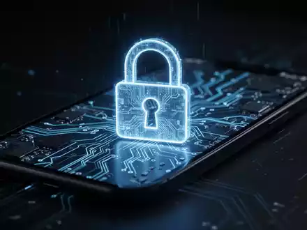 Holografisches blaues Vorhängeschloss-Symbol über Smartphone-Schaltkreis, symbolisiert Sicherheitslücken und Updates. - Foto: über boerse-global.de