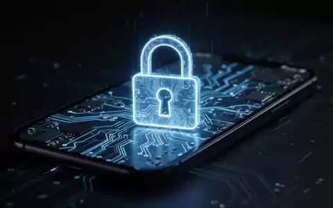 Holografisches blaues Vorhängeschloss-Symbol über Smartphone-Schaltkreis, symbolisiert Sicherheitslücken und Updates. - Foto: über boerse-global.de