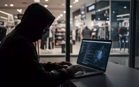 Person in Kapuzenjacke tippt auf Laptop, verschwommene Geschäfte im Hintergrund, symbolisiert Cyber-Bedrohungen für Einzelhändler. - Foto: über boerse-global.de