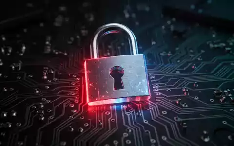 Ein stilisierter digitaler Vorhängeschloss leuchtet über einer Leiterplatte mit roten und blauen Lichtreflexionen, die Cyberbedrohungen und Spionage symbolisieren. - Foto: über boerse-global.de