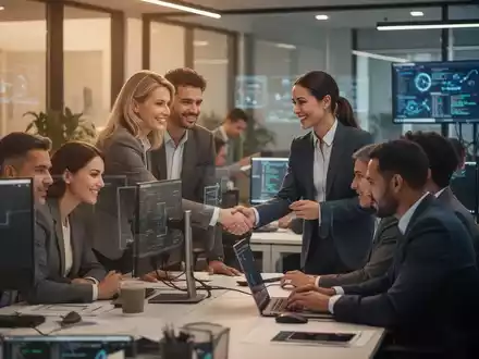Eine Gruppe von Menschen, einige vor Bildschirmen, andere im Gespräch, in einem modernen Büro. Symbolisiert Tarifabschluss und berufliche Entwicklung. - Foto: über boerse-global.de