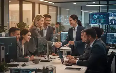 Eine Gruppe von Menschen, einige vor Bildschirmen, andere im Gespräch, in einem modernen Büro. Symbolisiert Tarifabschluss und berufliche Entwicklung. - Foto: über boerse-global.de