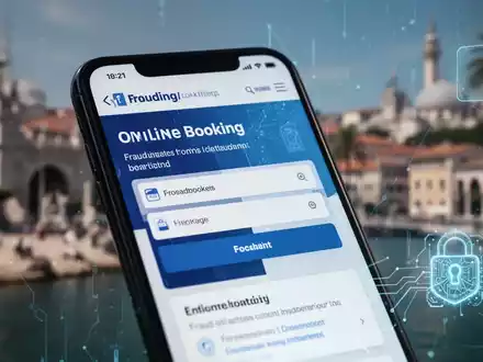 Ein Smartphone zeigt eine gefälschte Buchungsseite über einem unscharfen Bild eines Urlaubsziels, das Cyberbetrug symbolisiert. - Foto: über boerse-global.de