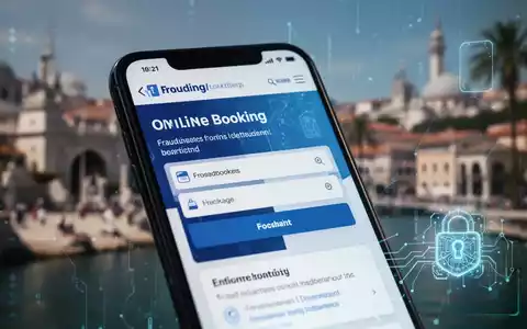 Ein Smartphone zeigt eine gefälschte Buchungsseite über einem unscharfen Bild eines Urlaubsziels, das Cyberbetrug symbolisiert. - Foto: über boerse-global.de