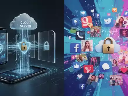 Ein Smartphone, das Daten sicher an eine Cloud sendet, und daneben ein KI-generiertes Bild aus sozialen Medien. - Foto: über boerse-global.de