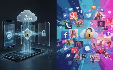 Ein Smartphone, das Daten sicher an eine Cloud sendet, und daneben ein KI-generiertes Bild aus sozialen Medien. - Foto: über boerse-global.de