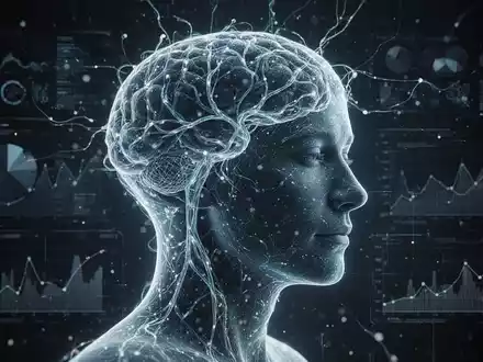 Eine stilisierte, abstrakte Silhouette eines menschlichen Kopfes, bestehend aus leuchtenden neuronalen Netzwerklinien, mit Datendarstellungen. - Foto: über boerse-global.de