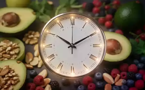 Eine stilisierte Uhr vor verschwommenen gesunden Lebensmitteln wie Avocados und Beeren, die Intervallfasten und ketogene Diät darstellt. - Foto: über boerse-global.de