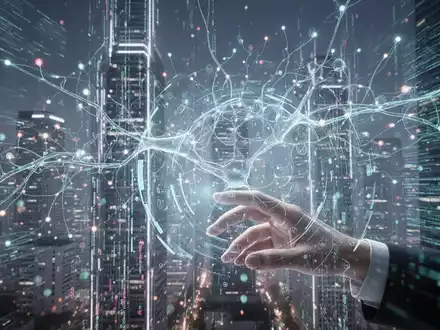 Ein abstraktes, futuristisches Stadtbild mit leuchtenden Datenströmen und neuronalen Netzen, das KI-Sichtbarkeit und Informationsfluss darstellt. - Foto: über boerse-global.de