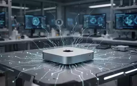 Ein Apple Mac Mini auf einem Schreibtisch, beleuchtet von digitalen Linien und neuronalen Netzwerkmustern, die KI-Verarbeitung symbolisieren. - Foto: über boerse-global.de
