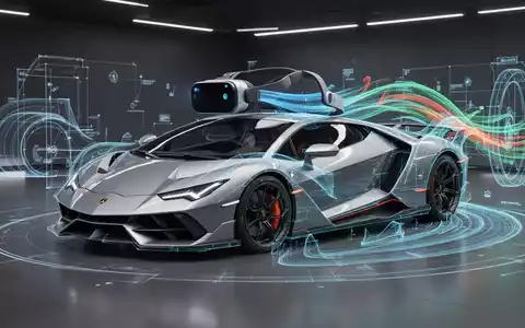 Apple Vision Pro Headset zeigt Lamborghini Revuelto in Mixed Reality mit aerodynamischen Datenvisualisierungen. - Foto: über boerse-global.de