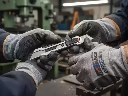 Nahaufnahme der Hände eines Arbeiters mit Sicherheitshandschuhen, der ein modernes Sicherheitsmesser in einer Werkstatt hält. - Foto: über boerse-global.de