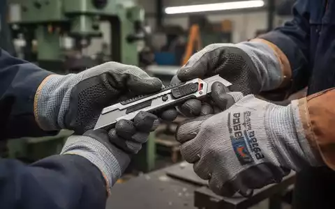 Nahaufnahme der Hände eines Arbeiters mit Sicherheitshandschuhen, der ein modernes Sicherheitsmesser in einer Werkstatt hält. - Foto: über boerse-global.de