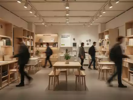 Ein modernes, kompaktes IKEA-Filialinterieur mit minimalistischen Möbeln und einigen unscharfen Kunden, das Effizienz und Erschwinglichkeit betont. - Foto: über boerse-global.de
