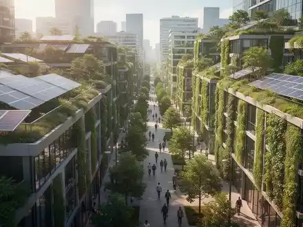 Begrünte Dächer und moderne Gebäude in einer nachhaltigen Stadtlandschaft mit Solarpaneelen und vertikalen Gärten. - Foto: über boerse-global.de