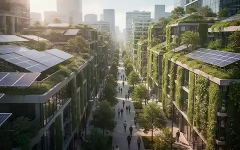 Begrünte Dächer und moderne Gebäude in einer nachhaltigen Stadtlandschaft mit Solarpaneelen und vertikalen Gärten. - Foto: über boerse-global.de