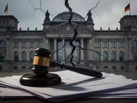 Deutsches Parlament (Reichstag) mit einem Riss in der Fassade, davor ein Richterhammer auf Dokumenten. - Foto: über boerse-global.de