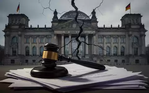 Deutsches Parlament (Reichstag) mit einem Riss in der Fassade, davor ein Richterhammer auf Dokumenten. - Foto: über boerse-global.de