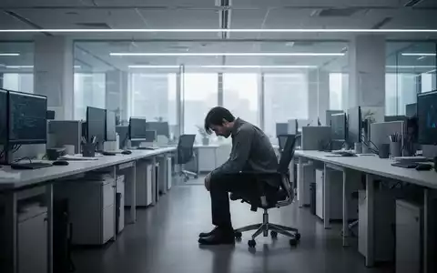 Eine einzelne Person sitzt nachdenklich in einem modernen Büro, das Erschöpfung inmitten technologischer Effizienz andeutet. - Foto: über boerse-global.de