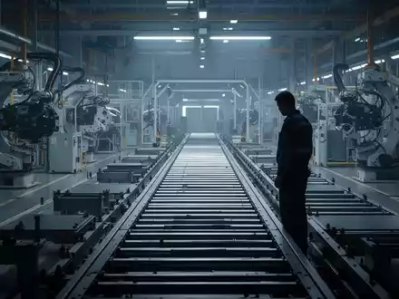 Ein Fabrikboden in einer Automobilfabrik mit einer einzelnen, silhouettierten Person, die auf eine leere Montagelinie blickt. - Foto: über boerse-global.de
