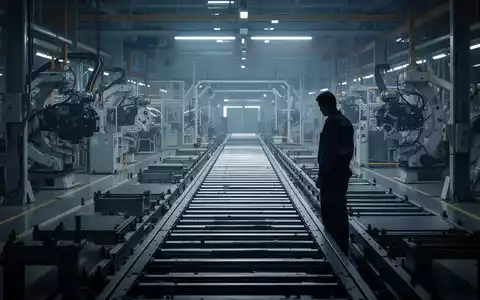 Ein Fabrikboden in einer Automobilfabrik mit einer einzelnen, silhouettierten Person, die auf eine leere Montagelinie blickt. - Foto: über boerse-global.de